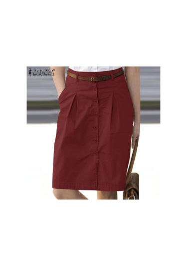 Şarap Kırmızısı Zanzea Bayan Yazlık Günlük Düğmeli Kısa Etekler 4xl Şarap Kırmızısı