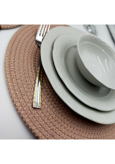 6 Kişilik Pudra Rengi Amerikan Servis, Hasır Supla Takımı Pudra