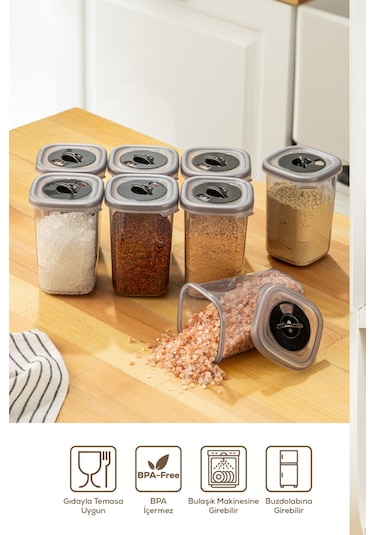 Vienev 12'li Döner Başlık Kapaklı Etiketli Hava Geçirmez 0,45 Lt Baharat Saklama Seti Antrasit