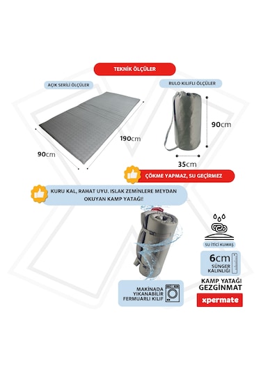 Xpermate Gezginmat Kamp Yatağı Taşıma Çantalı Kamp Matı 90x190x6 Gri