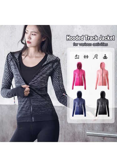 Geeroyoo Kadın Spor Montu, Hoodlu, Ceket, Parmak Delikli, Dokuma Desenli, İç Ve Dışarı Aktiviteler İçin, Slim Fit, Mavi, Asya Bedeni M Dp-wt002