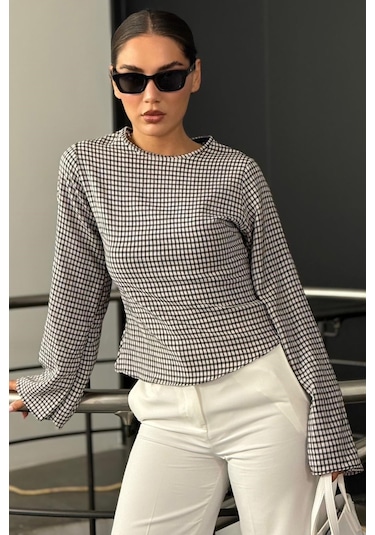 Madmext Siyah Kare Desenli Belden Oturtmalı Bluz Mg2849