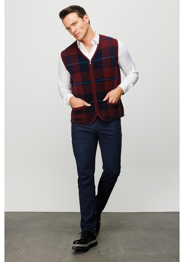 Erkek V Yaka Önü Kareli Yelek Bordo Bordo