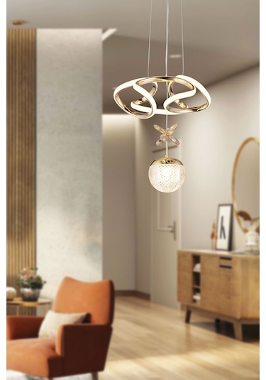 Ey-El Tasarım Tek Toplu Çiçek Modern Sarkıt Led Avize Taşlı Gold Kaplamalı Gold