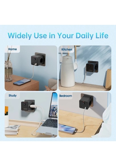 Xuweiwei 7li Fonksiyonlu Güç Küpü Siyah 3 Ac Priz 4 Usb Port Usb C Hızlı Şarj Dalgalanma Korumalı Taşınabilir Çok Amaçlı Adaptör