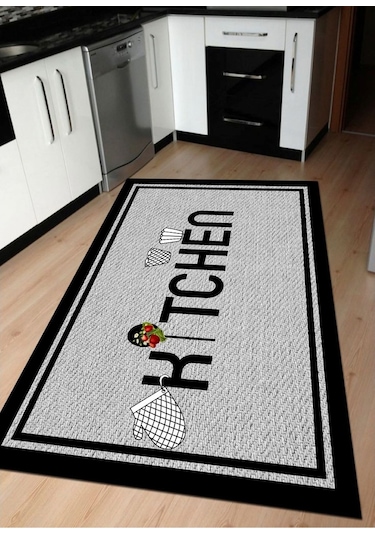Kitchen Yazılı Gri, Kaymaz, Pamuk Dokuma Mutfak Halısı