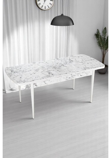 Mia Serisi Açılabilir Mutfak Masası Takımı Beyaz Mermer Desen Masa 6 Sandalye, Yemek Masası Lacivert