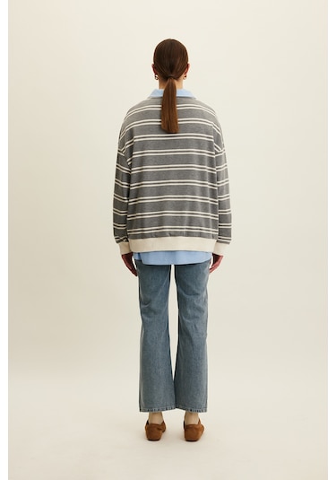 Polo Yaka Oversıze Sweatshırt Gri Gri