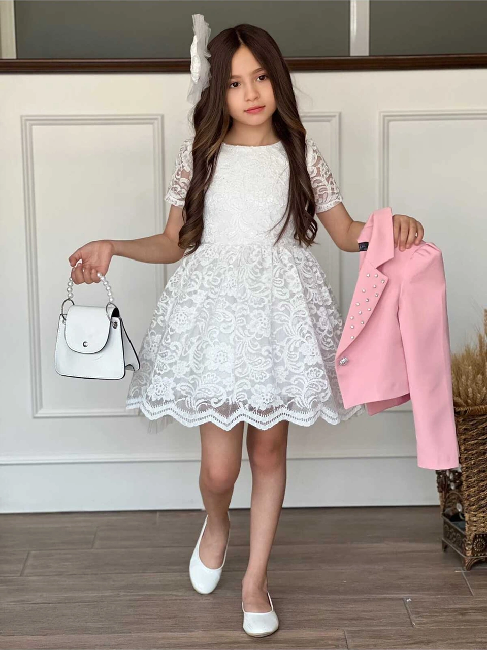 Uğur Böceği Çocuk Kız Çocuk 4'lü Şık Abiye Takım Elbise Ceket Çanta Toka Beyaz
