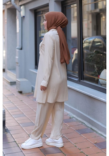 Cep Detaylı Tesettür Bej Takım Bej