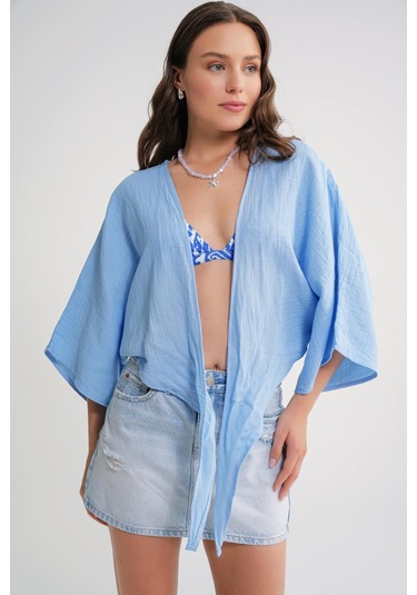 4723 Kadın Önü Bağlamalı Bolero Bluz Bebe Mavi Bebe Mavi