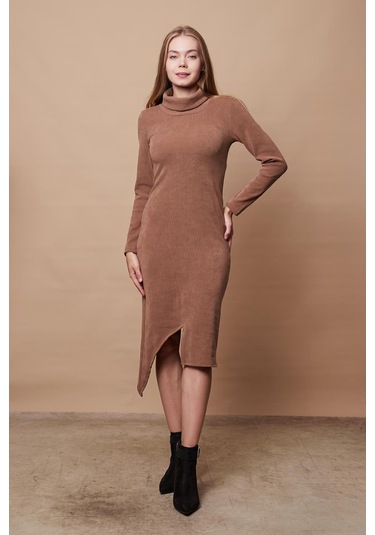 Kadın Likralı Triko Kumaş Tam Balıkçı Asimetrik Uzun Kol Diz Boy Elbise-camel Camel