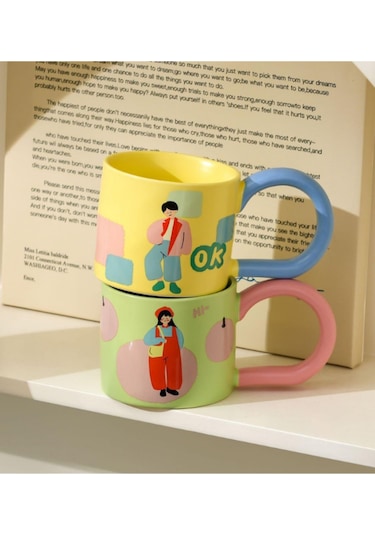 Kız Ve Erkek Modelli Büyük Saplı Seramik Kupa 2001 Pembe