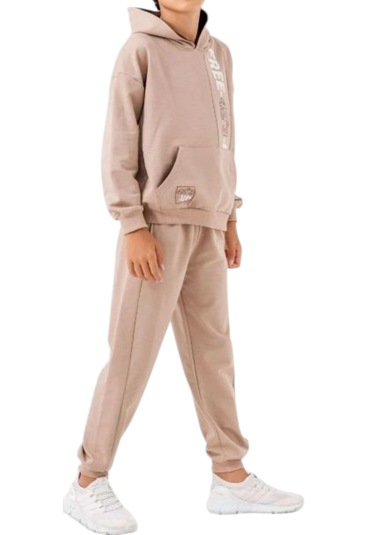 Erkek Çocuk Free Koordinat Yazılı Kapüşonlu Kanguru Cepli Bej Renk Eşofman Takımı Bej