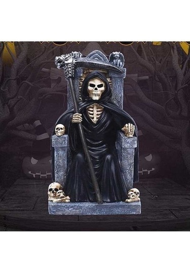 Novahub İskelet Tahtta Oturan Reçine Ölüm Azrail Heykeli, Cadılar Bayramı Dekorasyon, Noel Süsleme, Korku Stil, Heykelcik, Hediyelik 1pcs
