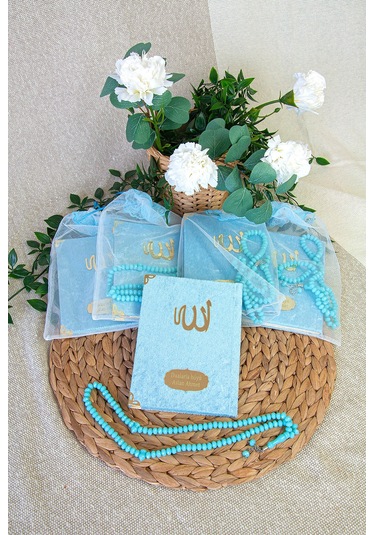 5 Adet Keseli Tesbihli İsim Baskılı Kadife Kaplı Yasin Mevlüt Kitabı Seti Hediyesi Mavi