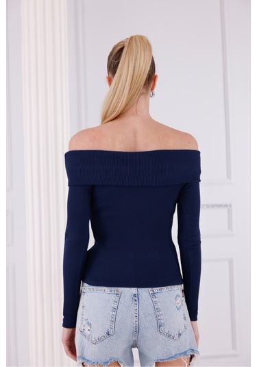 Madonna Yaka Uzun Kollu Fitilli Kadın Bluz Lacivert