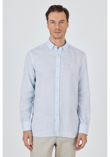 Uzun Kol Düz Keten Düğmeli Yaka Cepsiz Casual Comfort Fit Gömlek 1004250114 Mavi