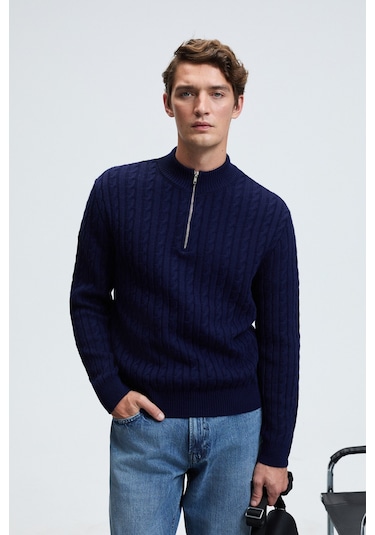 IVAR Erkek Yarım Fermuarlı Dik Yakalı Saç Örgü Desenli Triko Lacivert Kazak