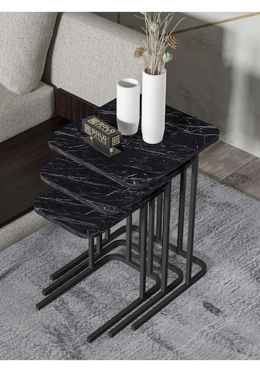 Zigon Sehpa Metal Ayak 3'lü Koltuk Yan Sehpa Zino Bendir Siyah