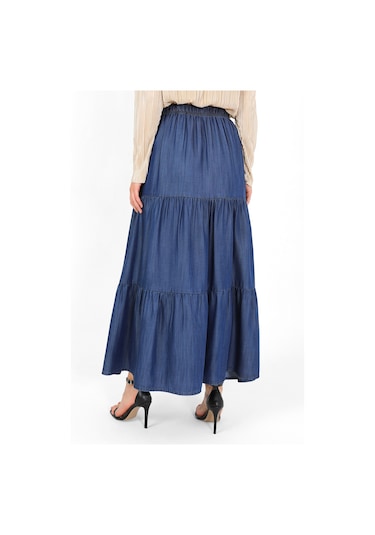 Beli Lastikli Büzgülü Tensel Etek Koyu Mavi