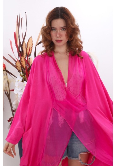 Italyan Ipek Detaylı Oversize Kaftan & Bluz-8711 FUŞYA