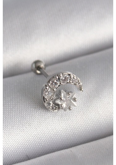 316l Çelik Gümüş Renk Zirkon Taşlı Ay Yıldız Tragus Piercing
