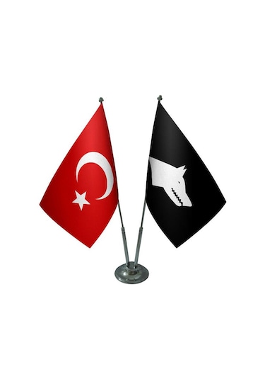 Masa Üstü Siyah Göktürk Bayrağı Türk Bayrağı İkili Krom Direk Mas