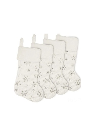 Hfambition Büyük Boy 19 İnç 4'lü Noel Çorabı, Krem Bej Sahte Kürk, Gümüş Işıltılı Kar Taneleri, Dikişli, Dayanıklı,  Depolama, Noel Dekorasyonu Diğer