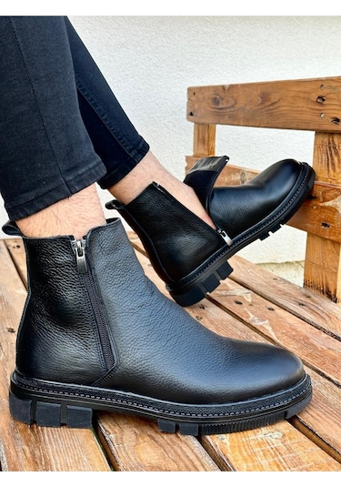 Muggo Chelsea Hakiki Deri Çift Fermuarlı Garantili Erkek Kışlık Bot 001