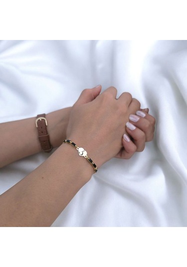 Archin S Harfine Özel Kalp Figürlü Siyah Taş Desenli 14 Ayar Altın Plakalı Hediye Bileklik-351harf S