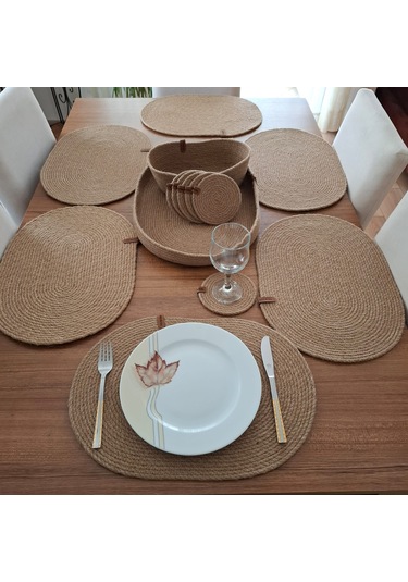 Oval 6 Kişilik 14 Parça Hasır Rengi Amerikan Servis, Hasır Supla Naturel