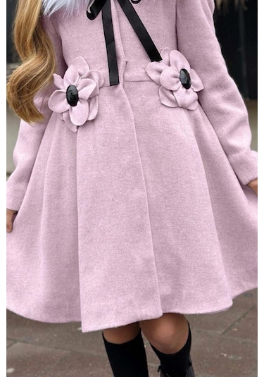 Riccotarz Kız Çocuk Kürk Yakalı Önü Çiçek Ve Elmas Taş Detaylı Pudra Kaşe Pudra