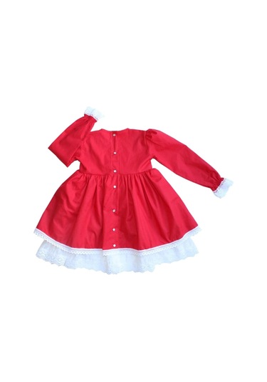 Dantel Detaylı Şifon Astarlı Özel Tasarım Kız Çocuk Bebek Kırmızı Beyaz Elbise 001