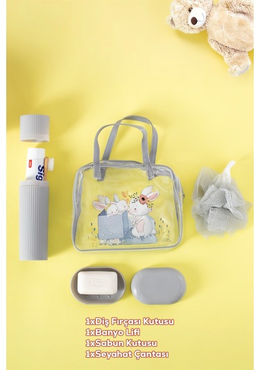 Porsima 3145 Tavşan Figürlü Seyahat Seti - Diş Fırçası Kutusu Banyo Lifi Sabun Kutusu Gri Gri