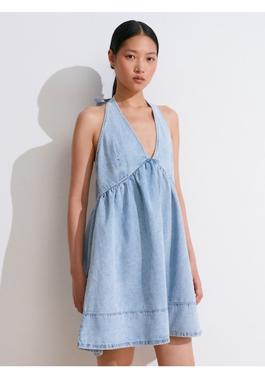 Dilvin 90571 Önü Büzgülü Mini Denim Elbise-mavi Mavi