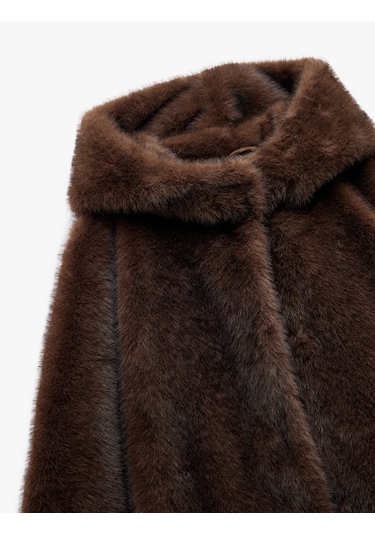 Koton Kapüşonlu Cepli Oversize Suni Kürk Kaban Kahverengi 6wak00206ew Kahve