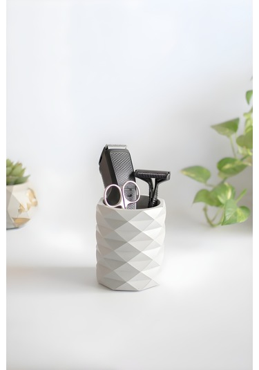 Dekoratif Geometrik Kalemlik Modern Beton Organizer Vazo Saksı Diş Fırçalık Ofis Düzenleyici Beyaz