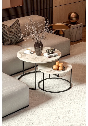 Orta Sehpa Bade İkili Lüx Yan Sehpa Masa Efes Ekru