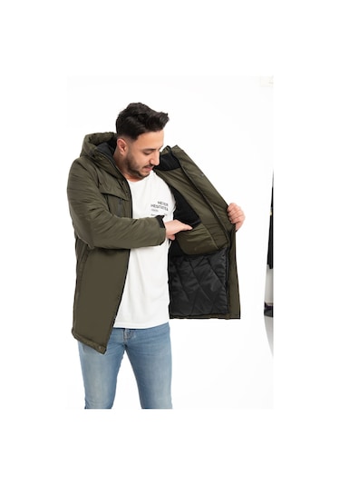 Erkek Haki Içi Polarlı Kürklü Su Ve Rüzgar Geçirmez Kapüşonlu Kışlık Mont & Kaban & Parka Haki