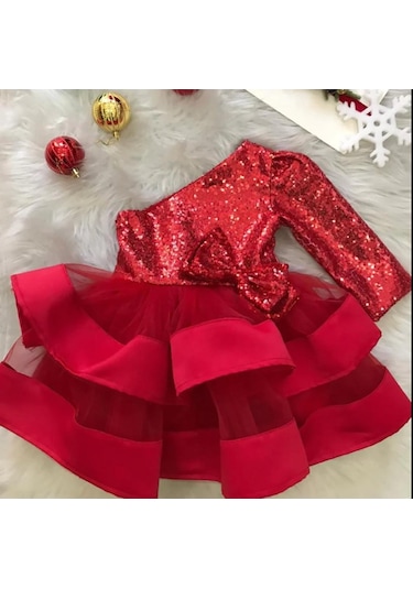 Mashotrend Kırmızı Payetli Kurdelalı Tek Omuz Abiye - Çocuk Abiye Kırmızı