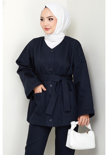 Kemerli Ceket Pantolon Gabardin Takım 1557 - Lacivert Lacivert