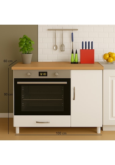 100lük Ankastre Fırın Ve Ocak Dolabı, Set Üstü Ocak Dolabı, Çok Amaçlı Dolap, Mutfak Dolabı Meşe - Beyaz