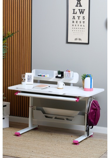 Vega Standart Yükseklik Ve Eğim Ayarlı, Modern Çekmeceli Bilgisayar, Ofis Ve Çalışma Masası Fuşya Gri