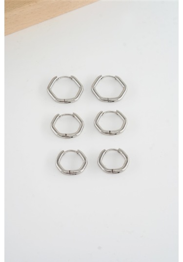 Kadın 316 L Çelik Anti Alerjenik Beşgen Model 3 Boy 1.8cm / 2.2 Cm /2.5 Cm Klipsli 6'lı Set Küpe -5129 Gümüş