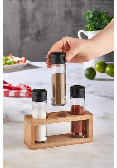 Kenpool Lima 3Lü Baharat Takımı Ahşap Stantlı Baharatlık Siyah Kapak