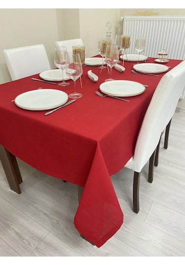 Keten Görünümlü Dertsiz Masa Örtüsü Kırmızı 13 Parça
