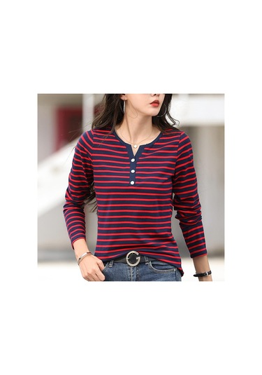Pamuklu Tişört Kadın Uzun Kollu Çizgili T Gömlek İlkbahar Sonbahar Kadın Giyim Gömlek Bluz Tops Gri
