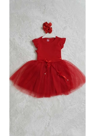 Kız Çocuk Kırmızı Pamuklu Kısa Kol Özel Gün Doğum Günü Yılbaşı Abiye Hediye Günlük Prenses Elbise Kırmızı
