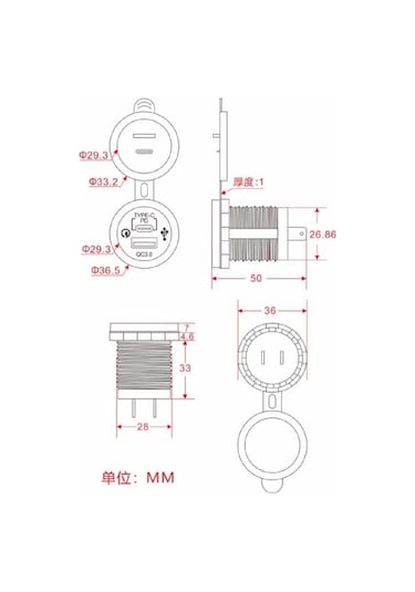 Otomatik Usb Güç Soketi Yüksek Akımlı Çift Pano Tip Usb 3.0 + Type-c Soket 12-24v Araç Şarj Cihazı
